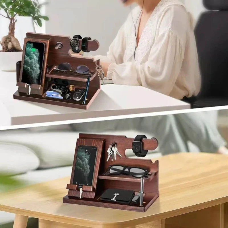 Vassoio docking station in legno per smartphone – portaorologio, scomparto per portafoglio e organizer da scrivania