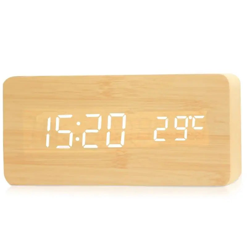 Wood LED Digital Alarm Clock — Clear Numeric Display, Temperature Screen
