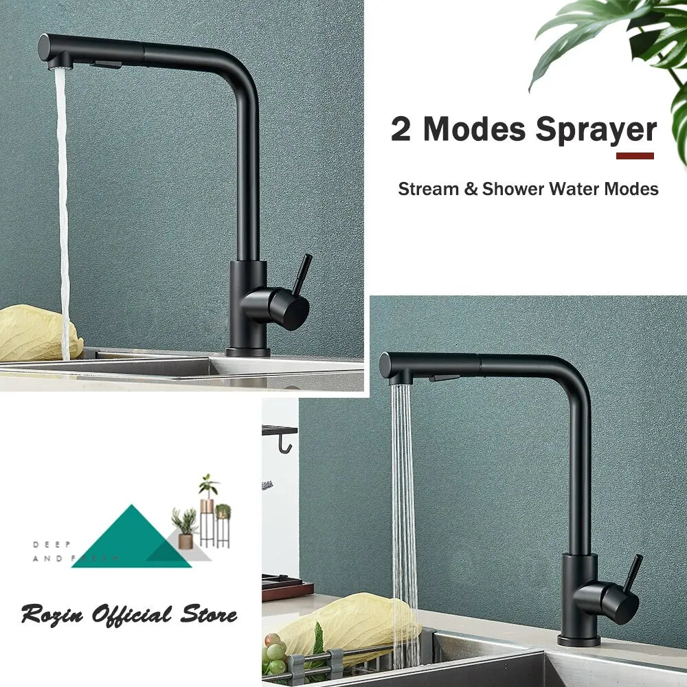 Grifo de cocina extraíble de acero inoxidable negro — chorro flexible de 2 modos y boquilla pulverizadora, mezclador de agua fría y caliente