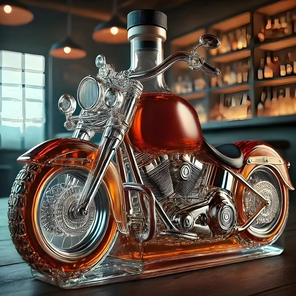 Harley motorkerékpár formájú whiskey-kancsó – klasszikus sziluettű italosüveg-dísz