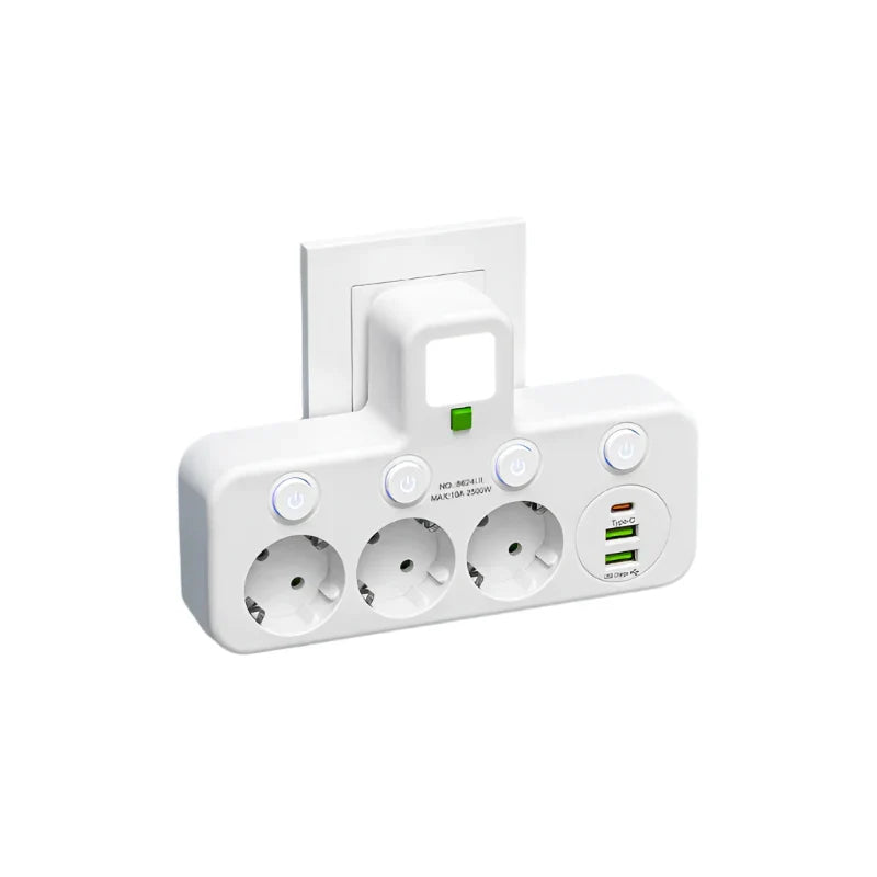 VOLTRIQ ProLine Multi-Socket Strip — 3–4 Sockets, 2× USB, 1× Type-C, 2500W Capacity, Surge Protection and Control Switch