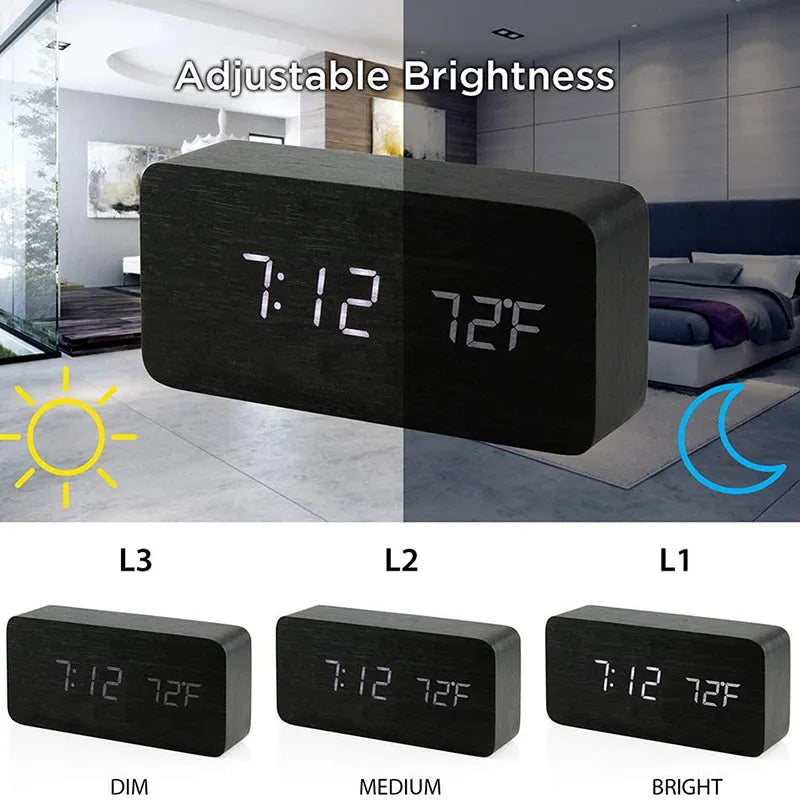 Wood LED Digital Alarm Clock — Clear Numeric Display, Temperature Screen