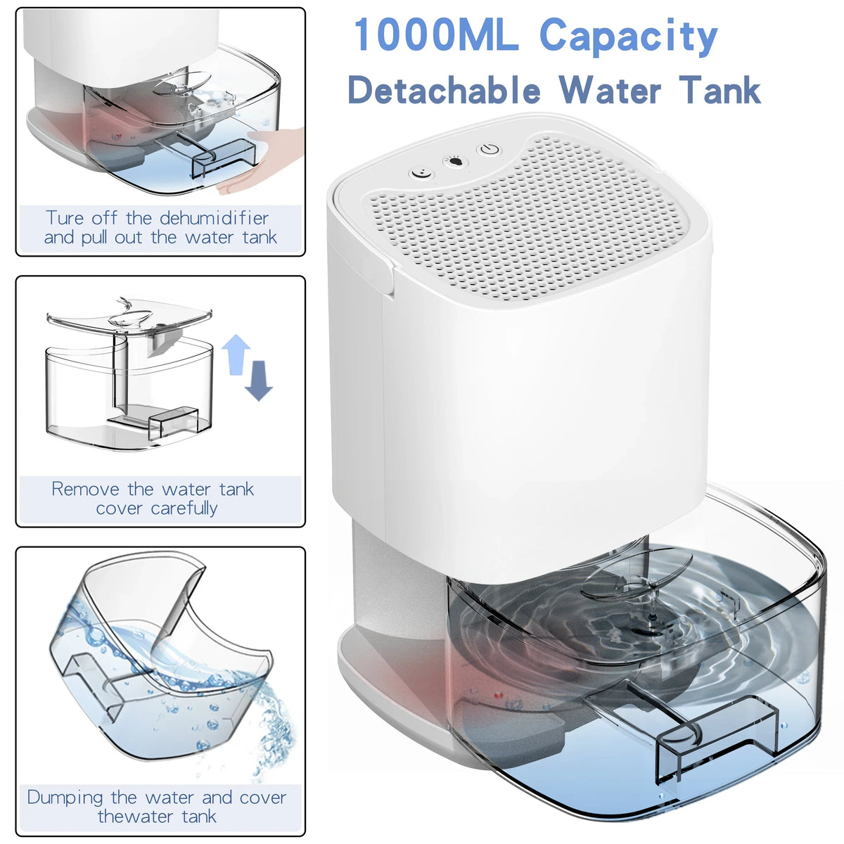 Déshumidificateur portable 2 en 1 Aveline de 1000ml — Design compact, filtre à air et veilleuse
