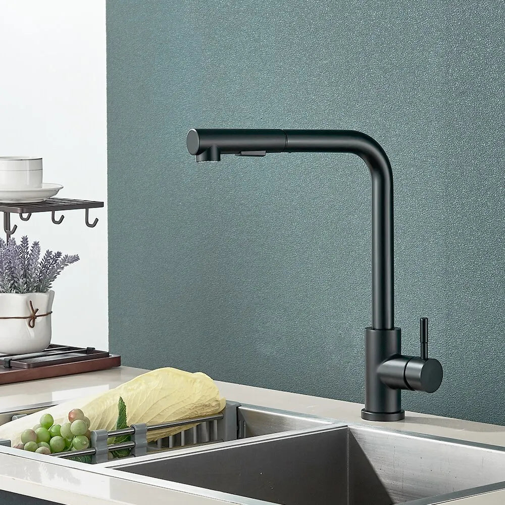 Grifo de cocina extraíble de acero inoxidable negro — chorro flexible de 2 modos y boquilla pulverizadora, mezclador de agua fría y caliente