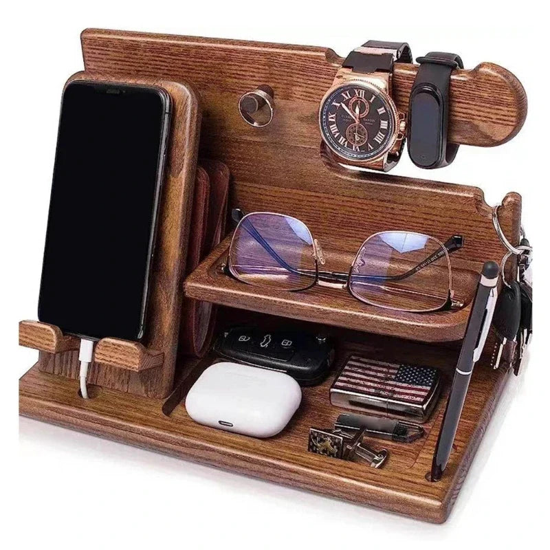 Vassoio docking station in legno per smartphone – portaorologio, scomparto per portafoglio e organizer da scrivania