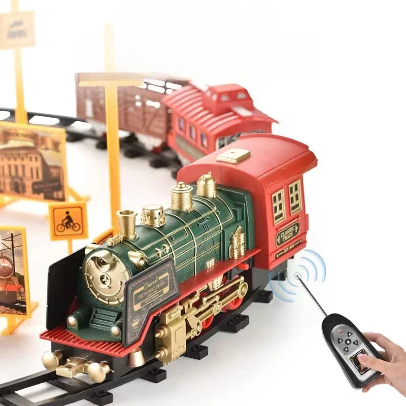 Tren eléctrico con control remoto — Diseño clásico de locomotora de vapor y luces funcionales