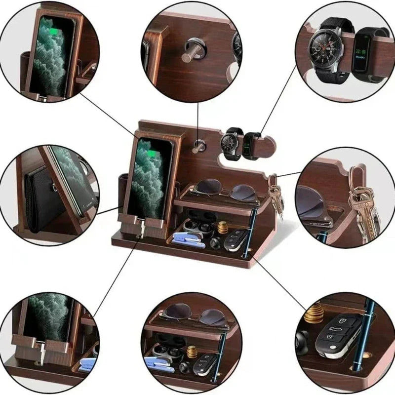 Vassoio docking station in legno per smartphone – portaorologio, scomparto per portafoglio e organizer da scrivania