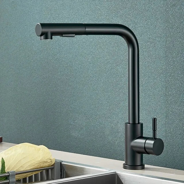Grifo de cocina extraíble de acero inoxidable negro — chorro flexible de 2 modos y boquilla pulverizadora, mezclador de agua fría y caliente