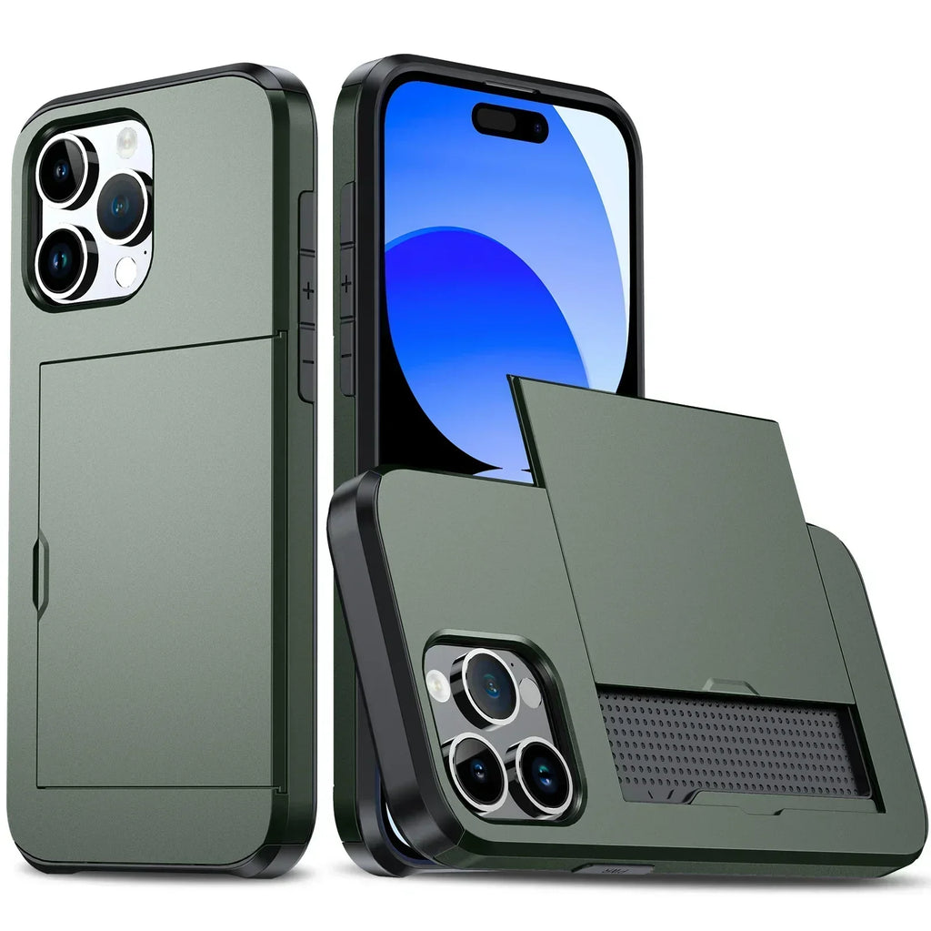 Capa fina para iPhone LuxShield — bolso para cartão, proteção e design elegante