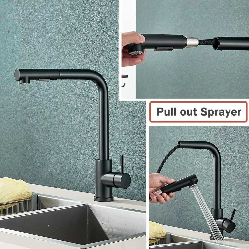 Grifo de cocina extraíble de acero inoxidable negro — chorro flexible de 2 modos y boquilla pulverizadora, mezclador de agua fría y caliente