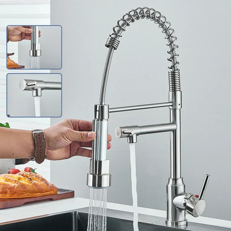 Grifo de cocina de acero inoxidable NickelFlex — caño con rotación de 360°