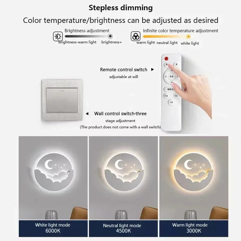 Lámpara de pared LED con diseño de luna y estrella – Iluminación ambiental nocturna