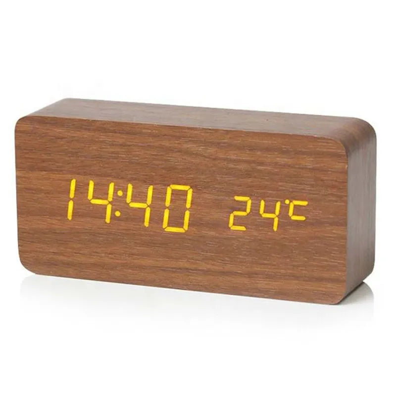 Wood LED Digital Alarm Clock — Clear Numeric Display, Temperature Screen