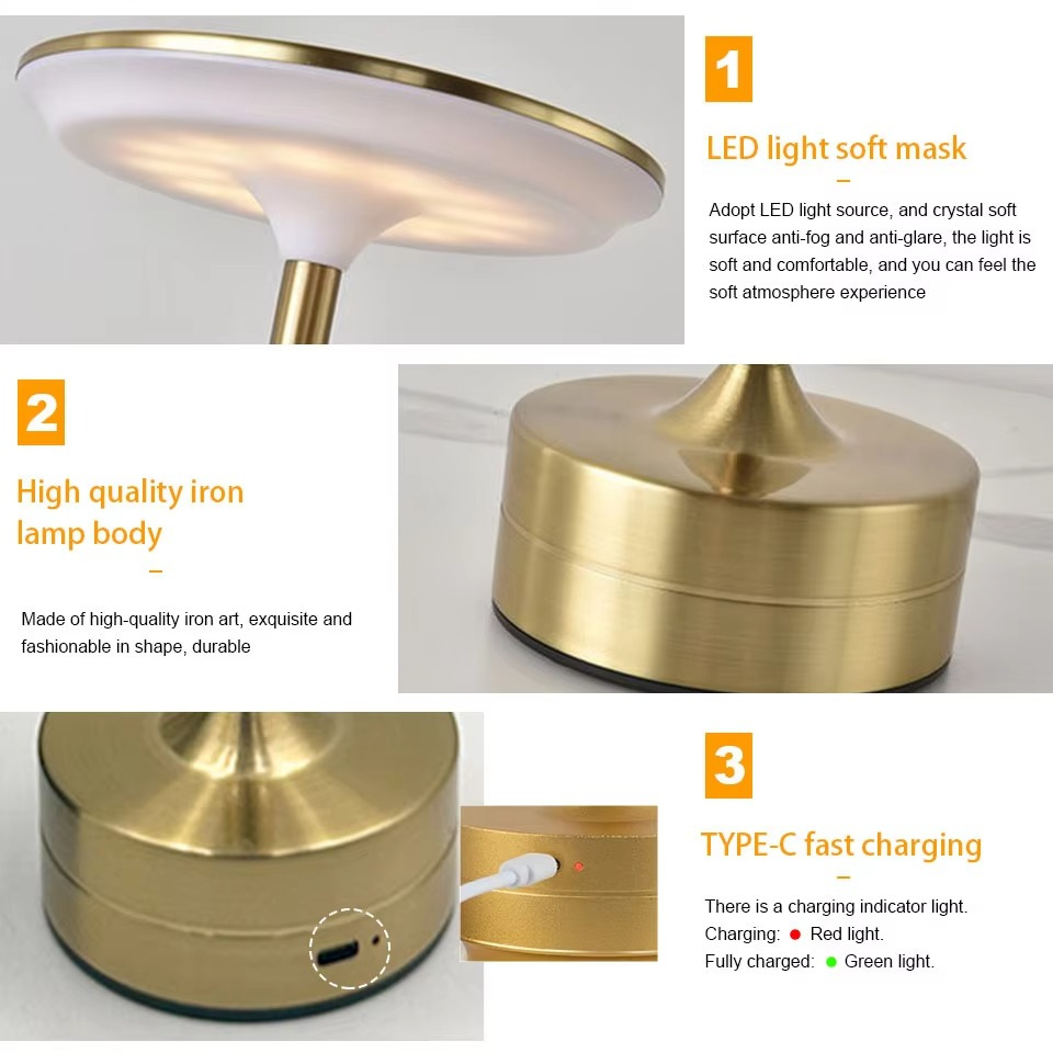 مصباح طاولة LED بمستشعر لمس — قابل لإعادة الشحن عبر USB، تصميم مدمج