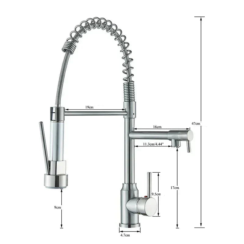 Grifo de cocina de acero inoxidable NickelFlex — caño con rotación de 360°