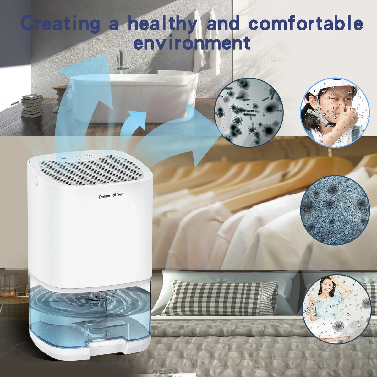 Déshumidificateur portable 2 en 1 Aveline de 1000ml — Design compact, filtre à air et veilleuse