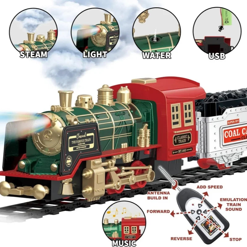 Tren eléctrico con control remoto — Diseño clásico de locomotora de vapor y luces funcionales