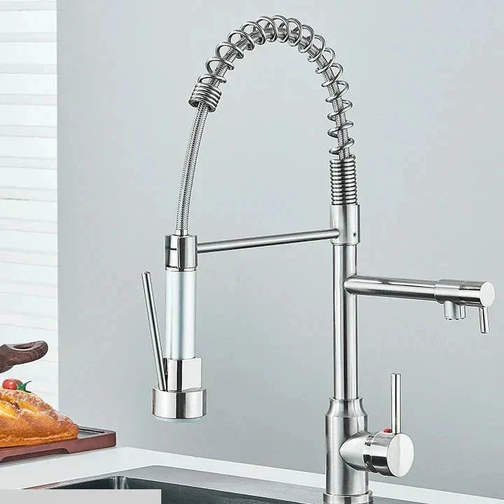 Grifo de cocina de acero inoxidable NickelFlex — caño con rotación de 360°