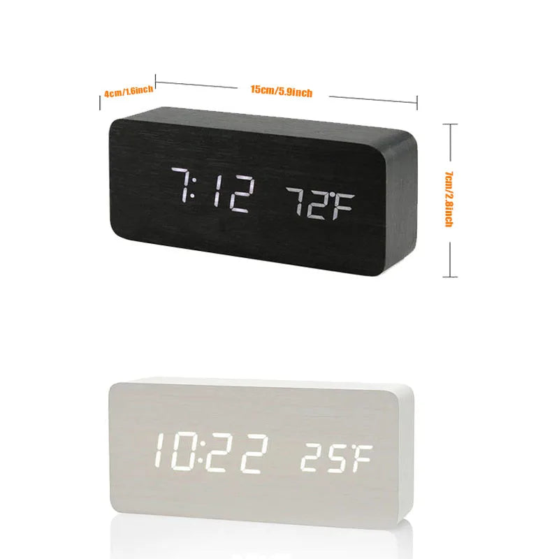 Wood LED Digital Alarm Clock — Clear Numeric Display, Temperature Screen