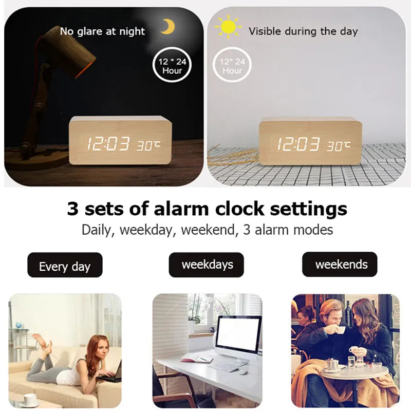 Wood LED Digital Alarm Clock — Clear Numeric Display, Temperature Screen