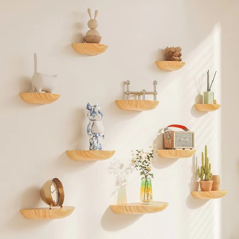 Natural Wood Semi-Circular Wall Shelf — Curved Profile, Wall-Mounted Storage