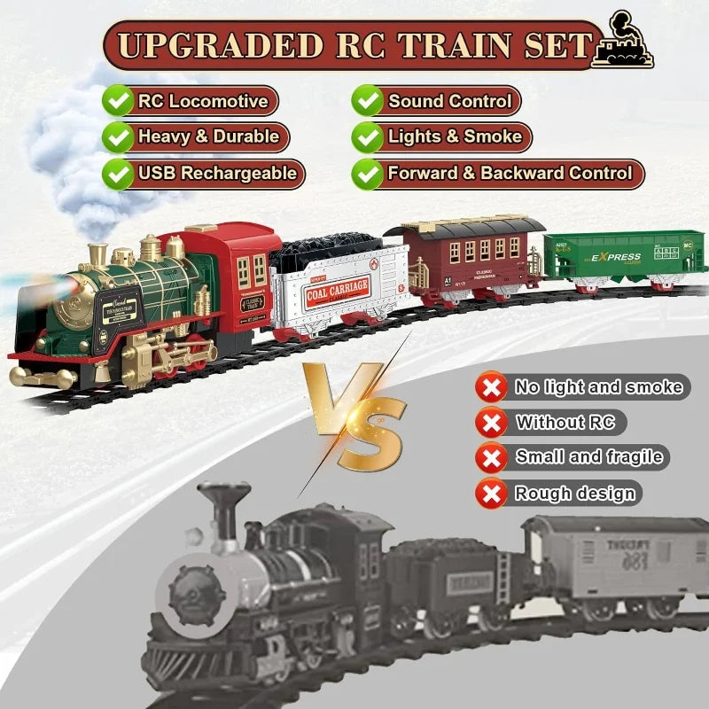 Tren eléctrico con control remoto — Diseño clásico de locomotora de vapor y luces funcionales