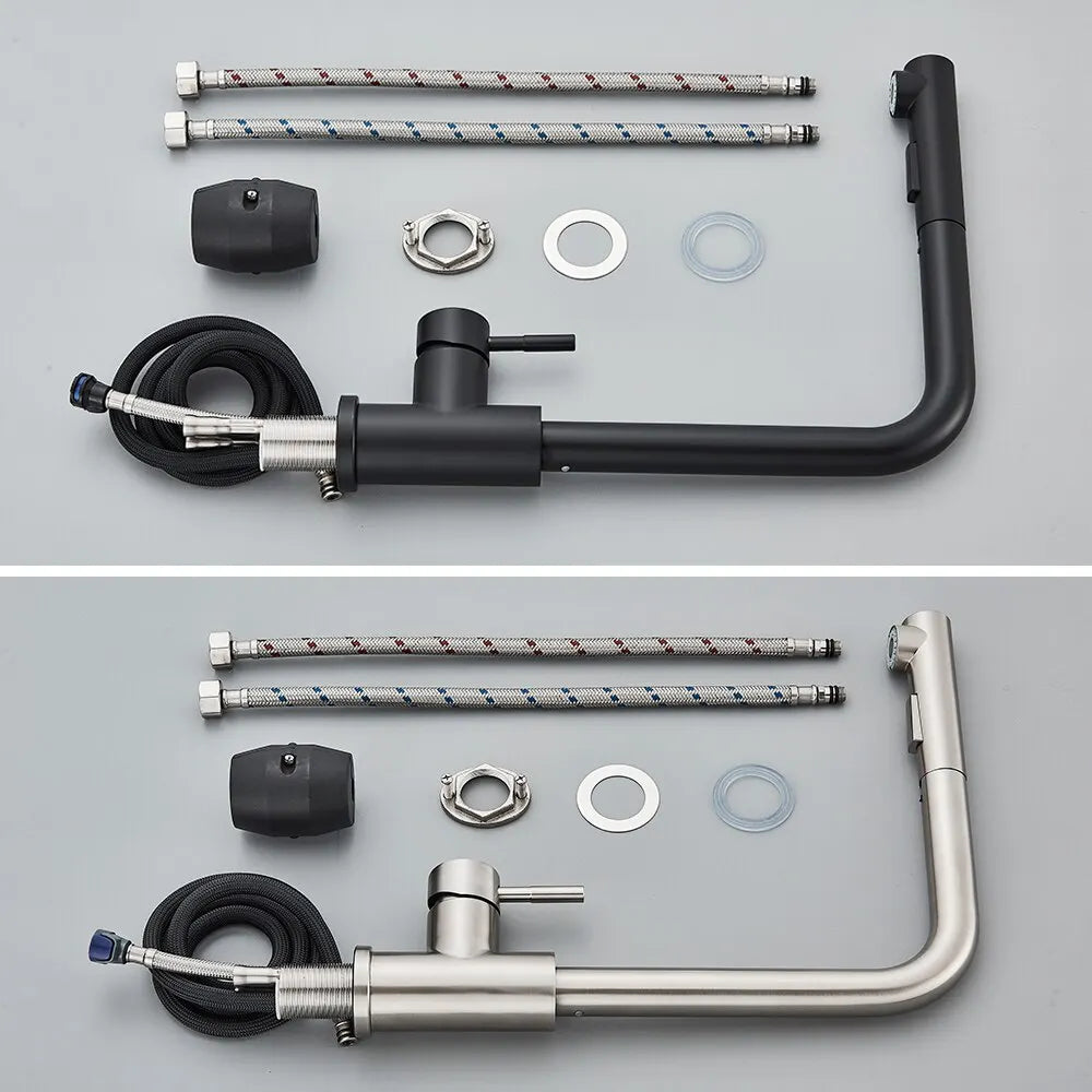 Grifo de cocina extraíble de acero inoxidable negro — chorro flexible de 2 modos y boquilla pulverizadora, mezclador de agua fría y caliente