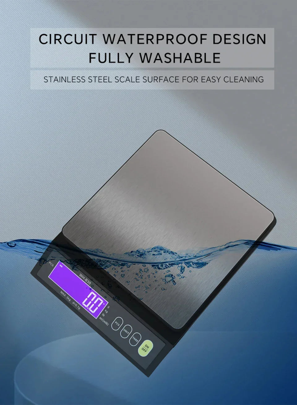 数字电子厨房秤 — 5 kg/0,1 g 和 10 kg/1 g 量程，全防水，不锈钢秤台，LCD 显示屏