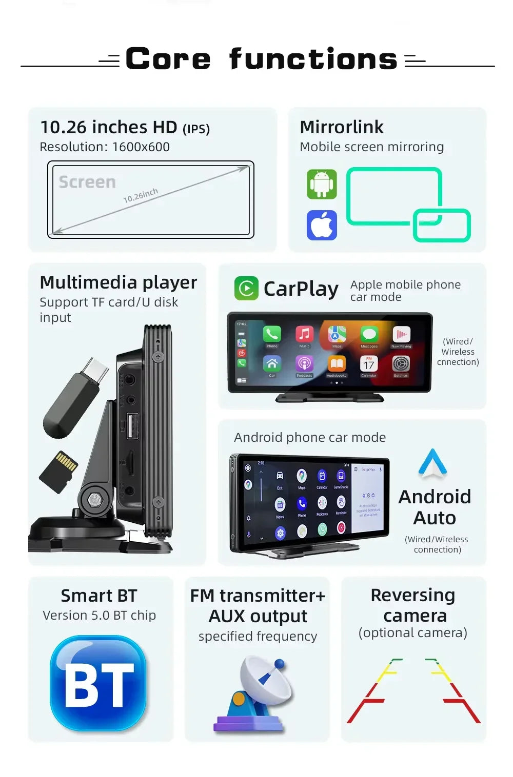Universal 10.26-Inch Car Multimedia Player — Integrated Wireless CarPlay & Android Auto Support