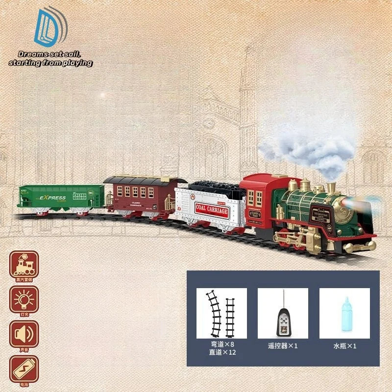 Tren eléctrico con control remoto — Diseño clásico de locomotora de vapor y luces funcionales