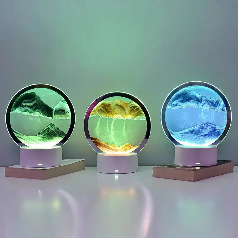 Arte luminosa con lampada di sabbia Lumora — Scultura cinetica fluida