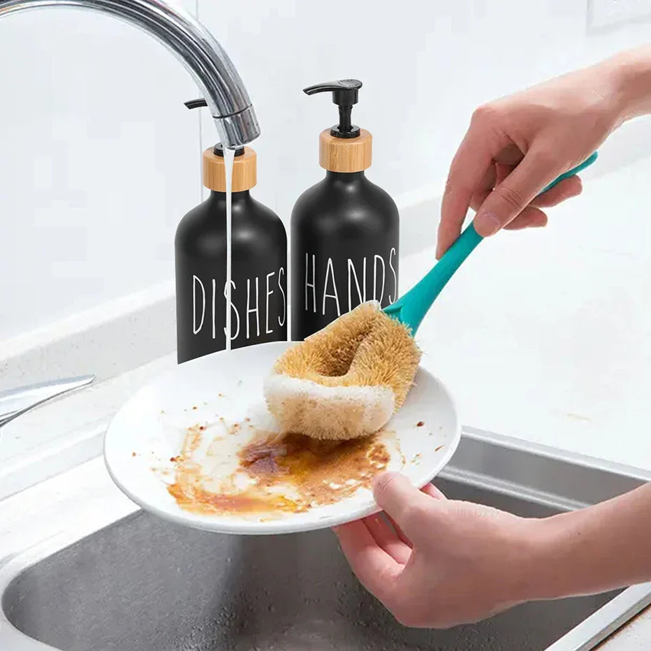 Conjunto preto de doseadores recarregáveis para detergente da loiça — dois frascos com bomba