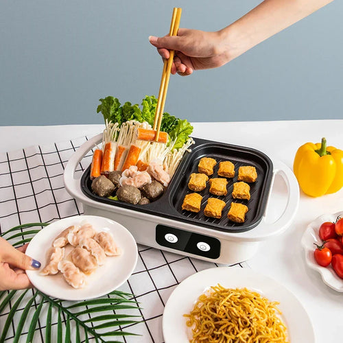 2-in-1 Non-stick Electric Grill and Shabu Pot — Dual-Compartment Multicooker Separating Direct Grilling from Broth Simmering