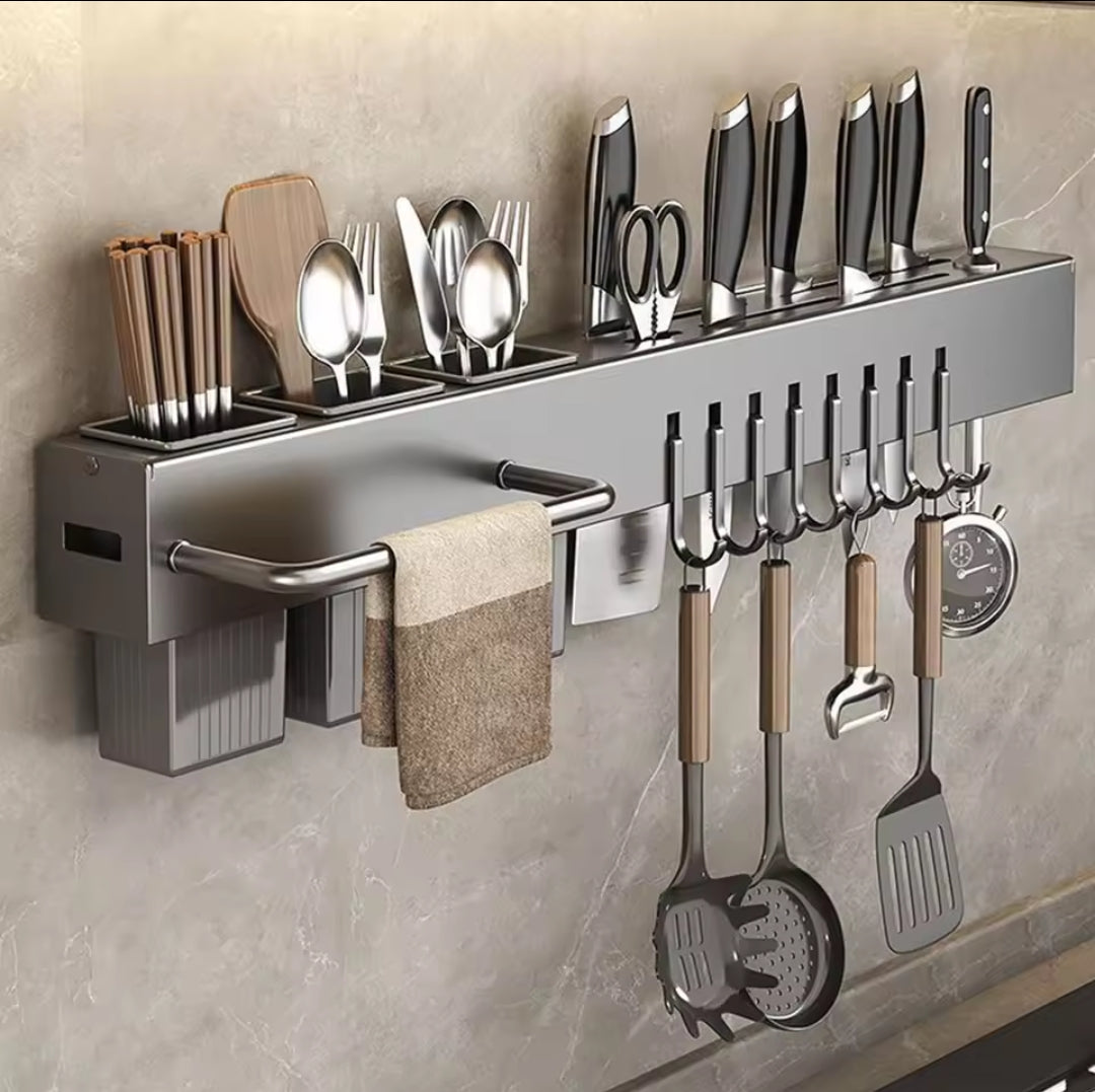 Rectangular Wall Knife Rack — Separate Compartments, Open Top Slot, Underside Hooks