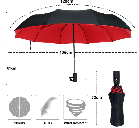 Windproof Storm Umbrella — Auto Open Button, Single Hand Operation