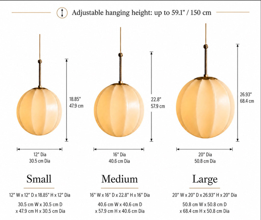 Adjustable Height Brass Pendant Light — Modern Ribbed Opal Glass Globe