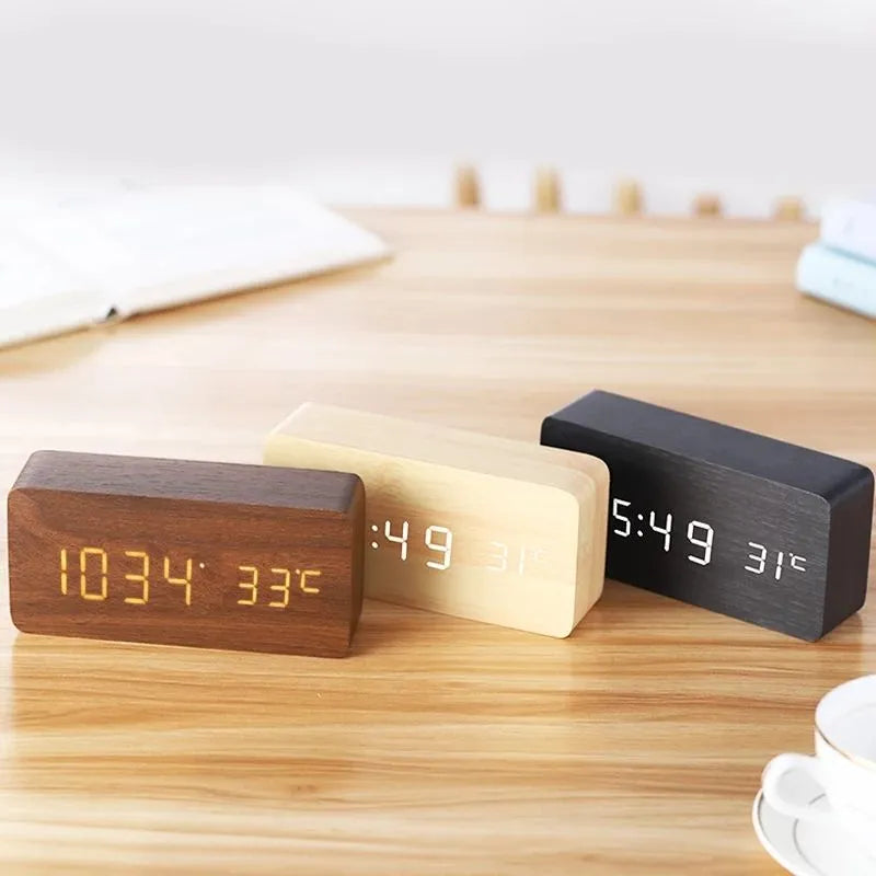 Wood LED Digital Alarm Clock — Clear Numeric Display, Temperature Screen