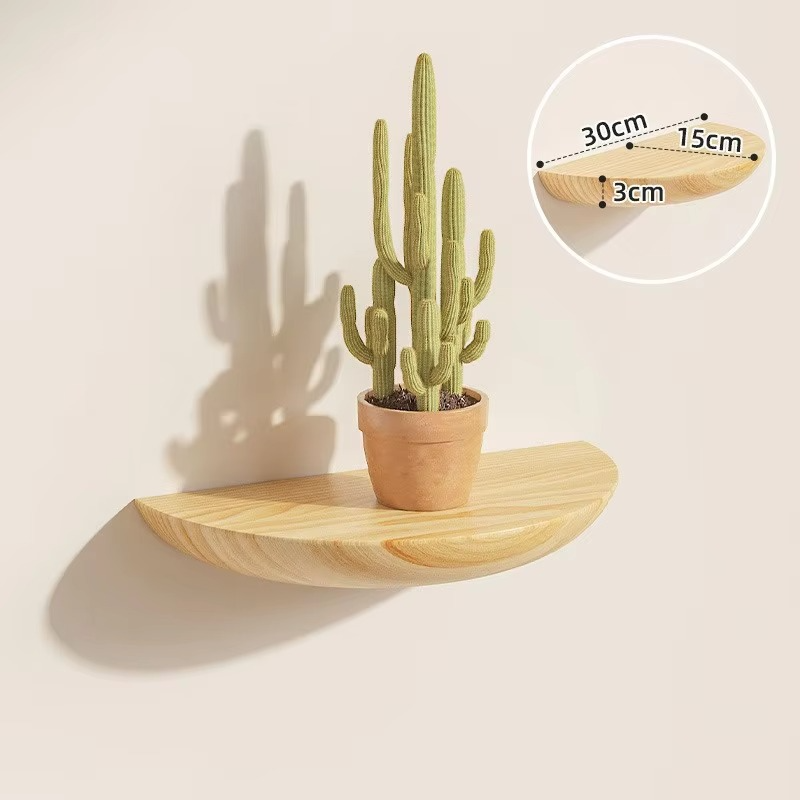 Natural Wood Semi-Circular Wall Shelf — Curved Profile, Wall-Mounted Storage
