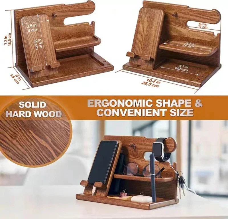 Vassoio docking station in legno per smartphone – portaorologio, scomparto per portafoglio e organizer da scrivania