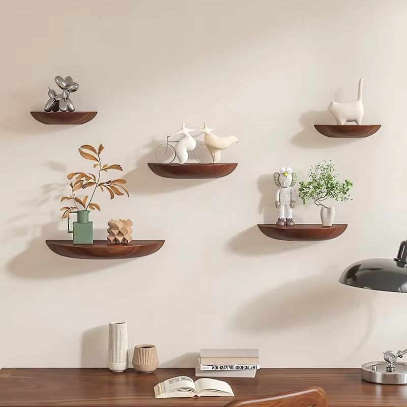 Natural Wood Semi-Circular Wall Shelf — Curved Profile, Wall-Mounted Storage