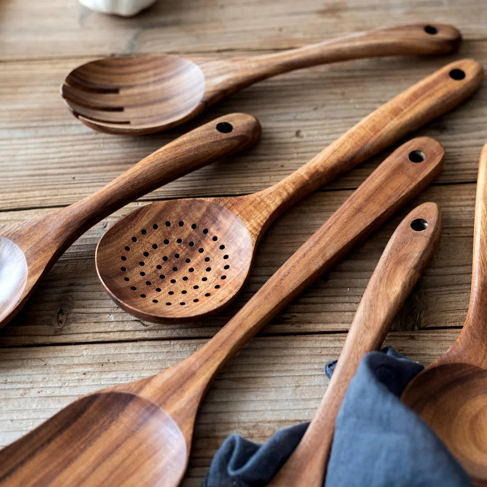 Natural Teak Wood Kitchen Set — Unique Grain Patterns