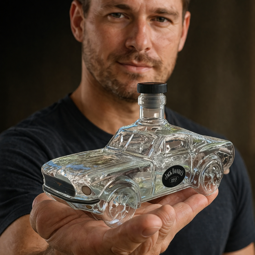 Handgemaakte glazen whiskykaraf - gevormd als de carrosserie van een Mustang