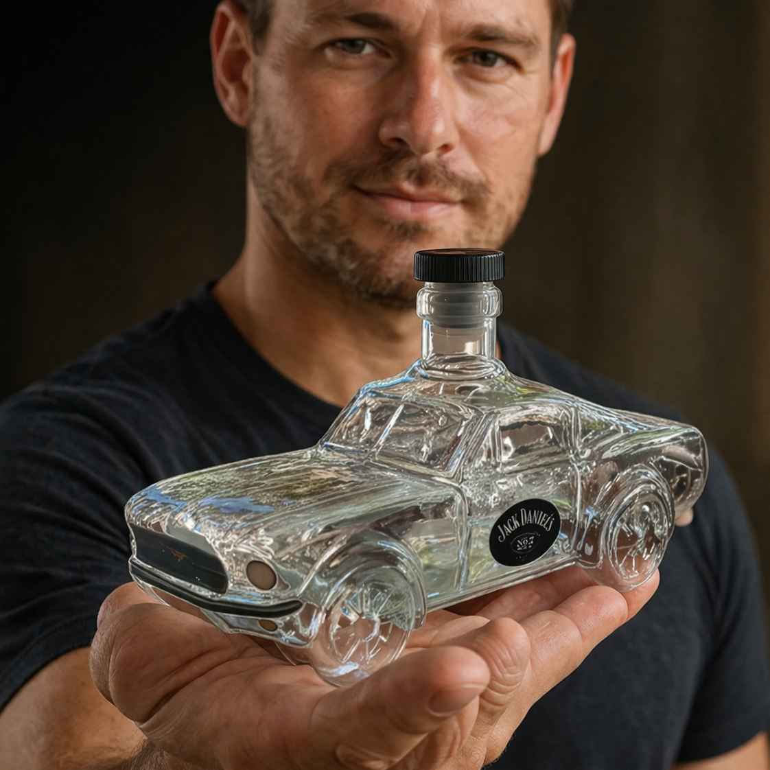 Handgemaakte glazen whiskykaraf - gevormd als de carrosserie van een Mustang