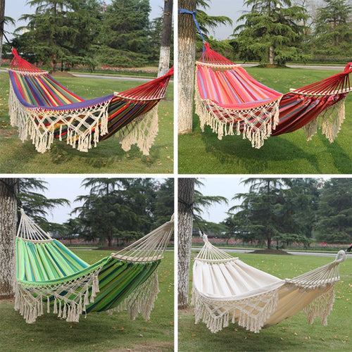 أرجوحة قماشية مزدوجة بمقاس 200x150cm — نقش مزين بشراشيب، قضيب خشبي ناشر للقماش، باللون الأبيض