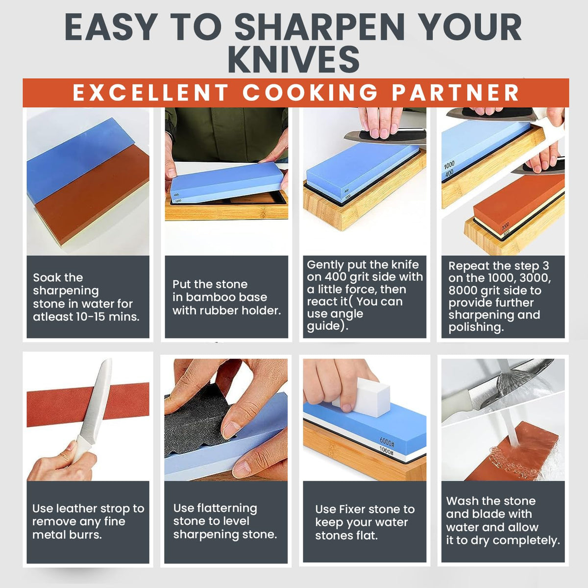400/1000 & 3000/8000 Grit Whetstone Set — Dual Stones, Bamboo Base & Leather Strop