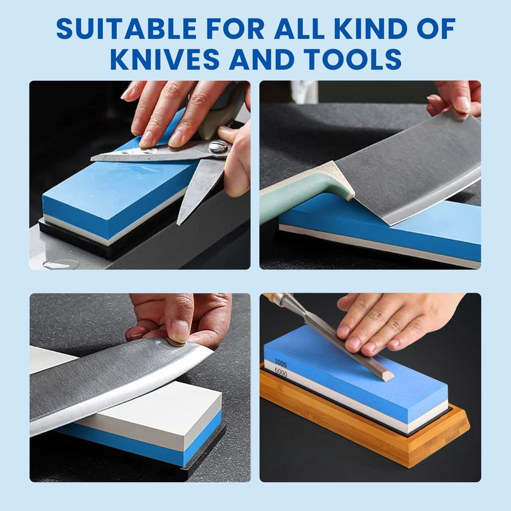 400/1000 & 3000/8000 Grit Whetstone Set — Dual Stones, Bamboo Base & Leather Strop