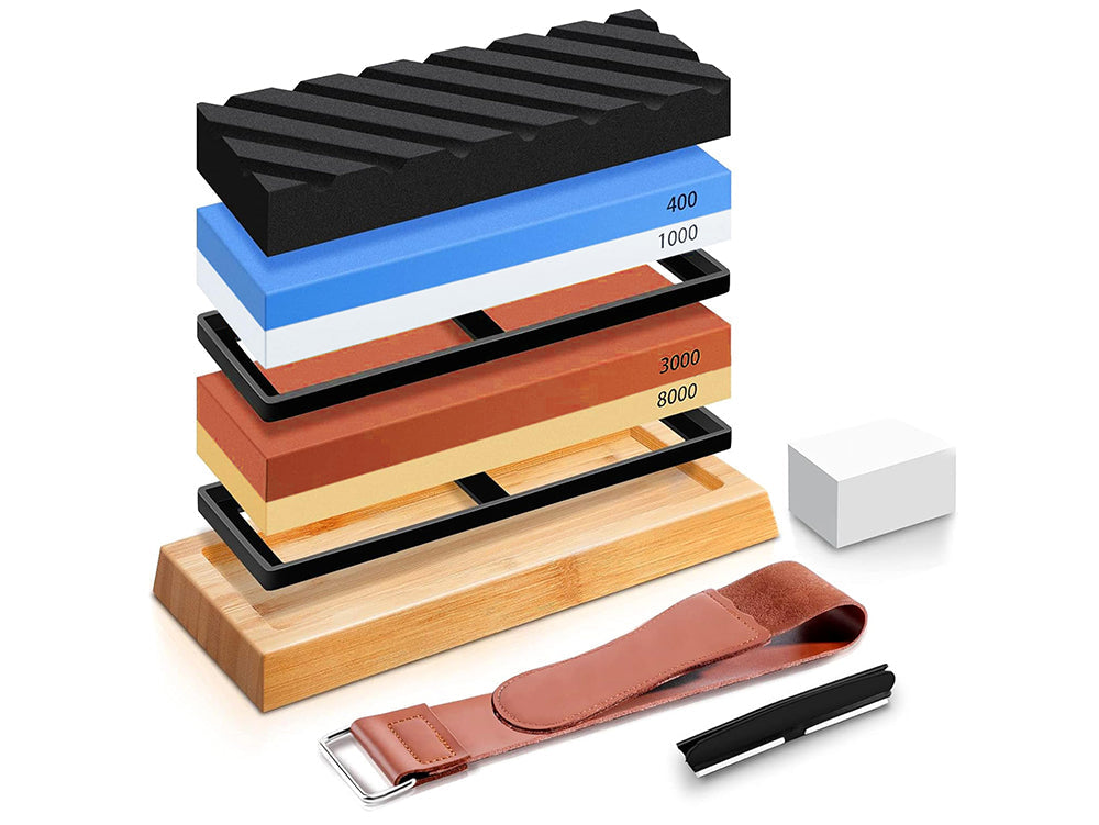 400/1000 & 3000/8000 Grit Whetstone Set — Dual Stones, Bamboo Base & Leather Strop