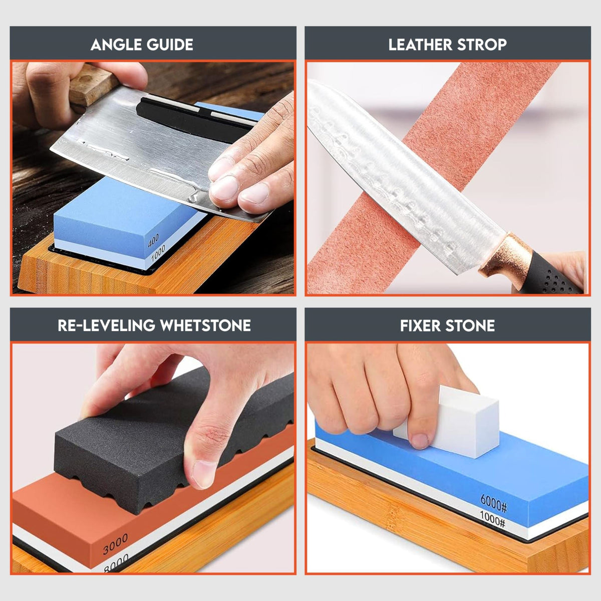 400/1000 & 3000/8000 Grit Whetstone Set — Dual Stones, Bamboo Base & Leather Strop
