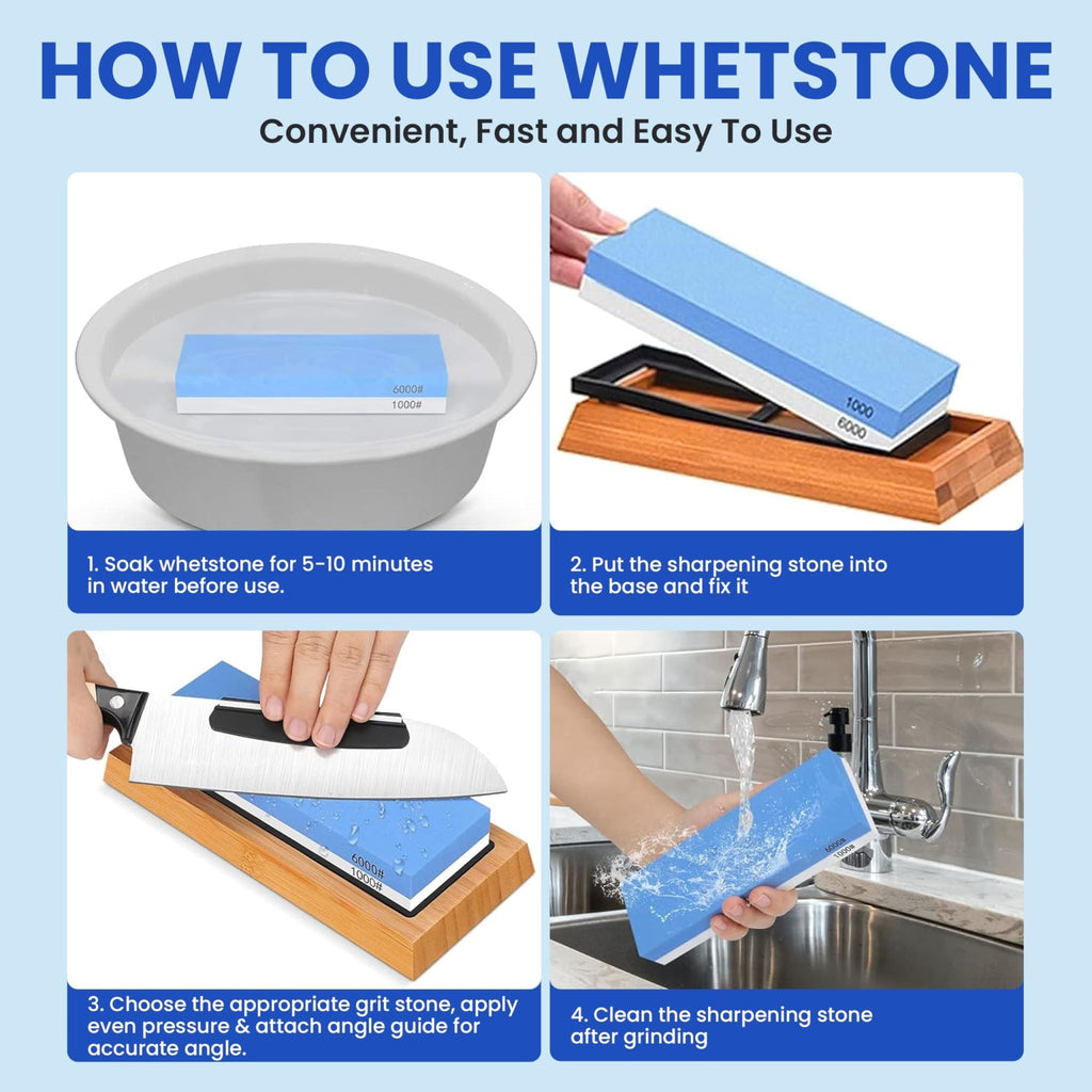 400/1000 & 3000/8000 Grit Whetstone Set — Dual Stones, Bamboo Base & Leather Strop