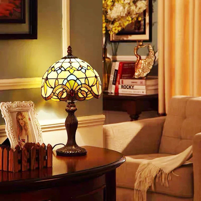Lampada da scrivania Tiffany — Vetro colorato fatto a mano, base LED E27